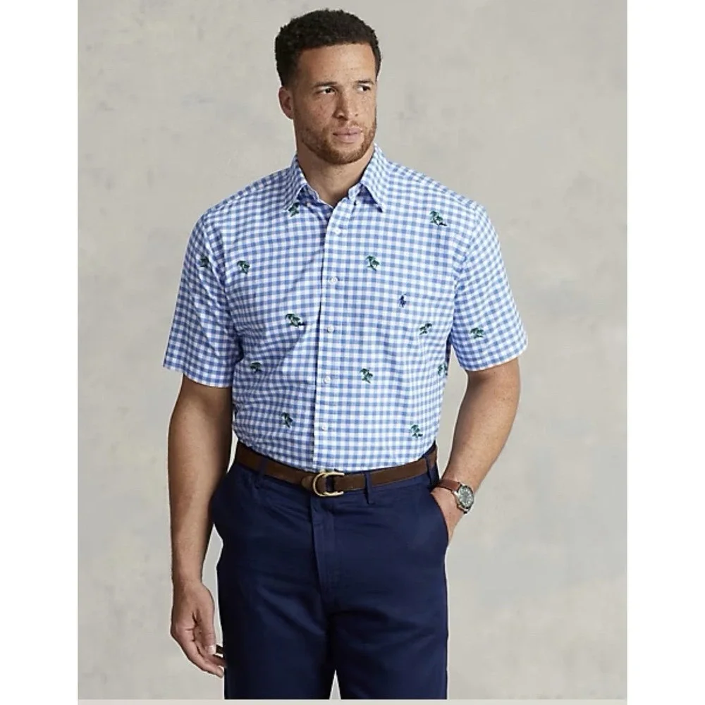 Polo Ralph Lauren Shirt Mens 2XB 2TG Blue GINGHAM Palm Tree Embroidered Oxford